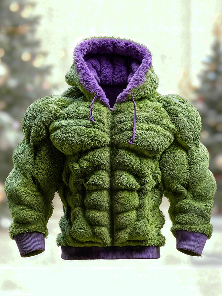 Men's Christmas Green Muscle Line Cozy Plush Hoodie