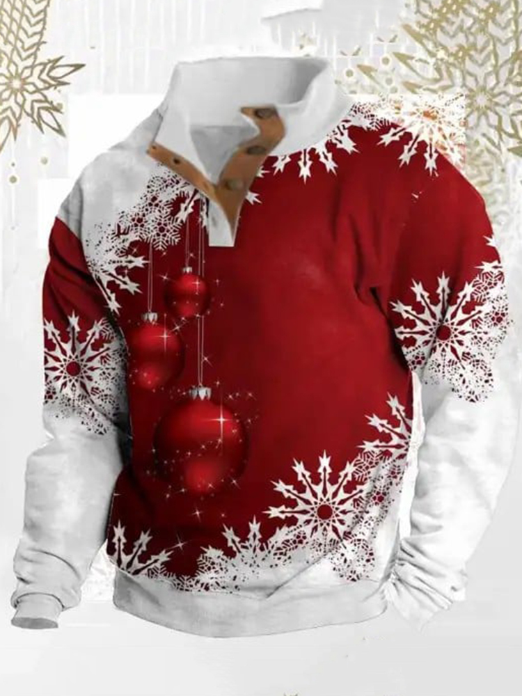 Men's Christmas Snow Print Zippered Wool Collar Sweatshirt