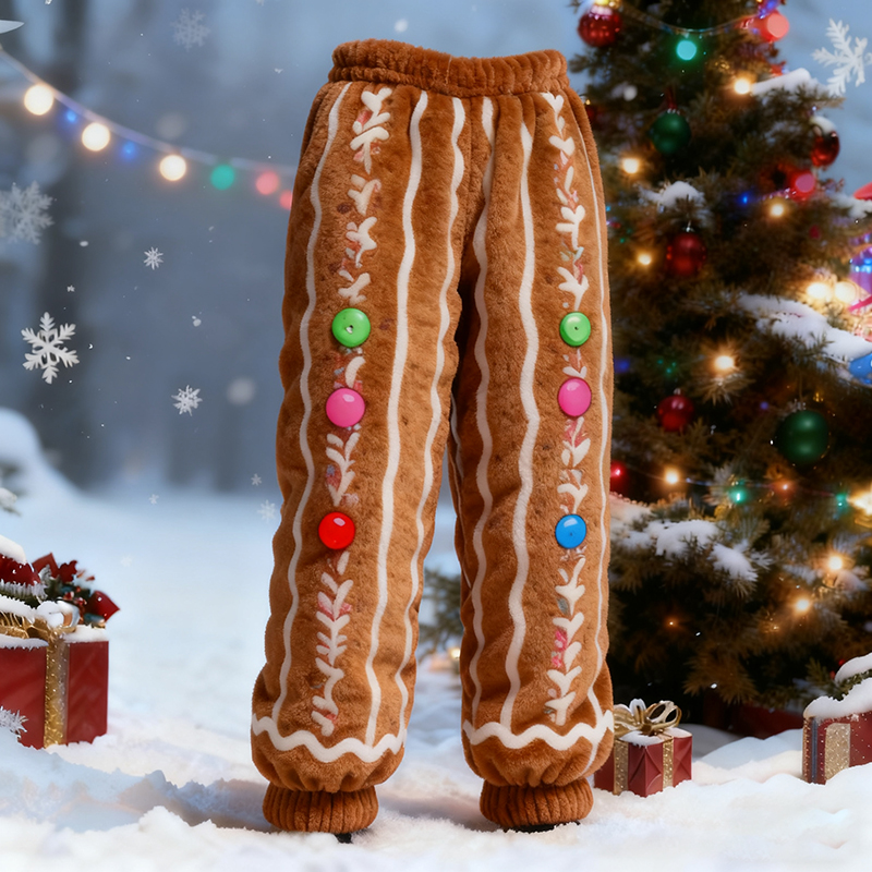 Men's Christmas Gingerbread Pattern Warm Plush Casual Pants