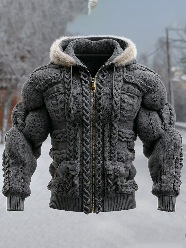 Men's Vintage Viking Christmas Knitted Fur Collar Hooded Sweater