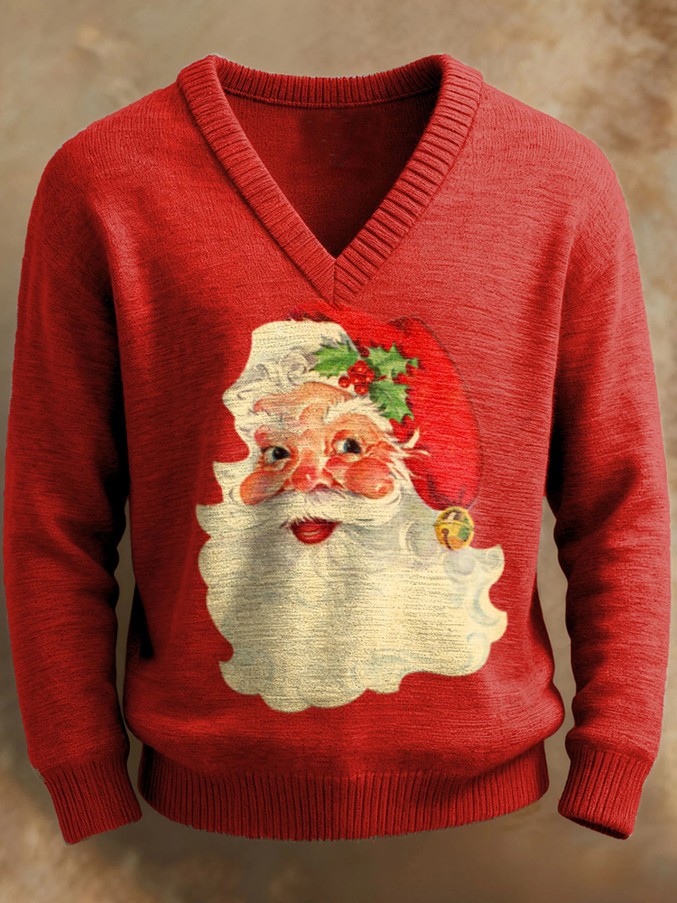 Men's Christmas Santa Claus Print V-neck Cozy Knit Pullover Sweater