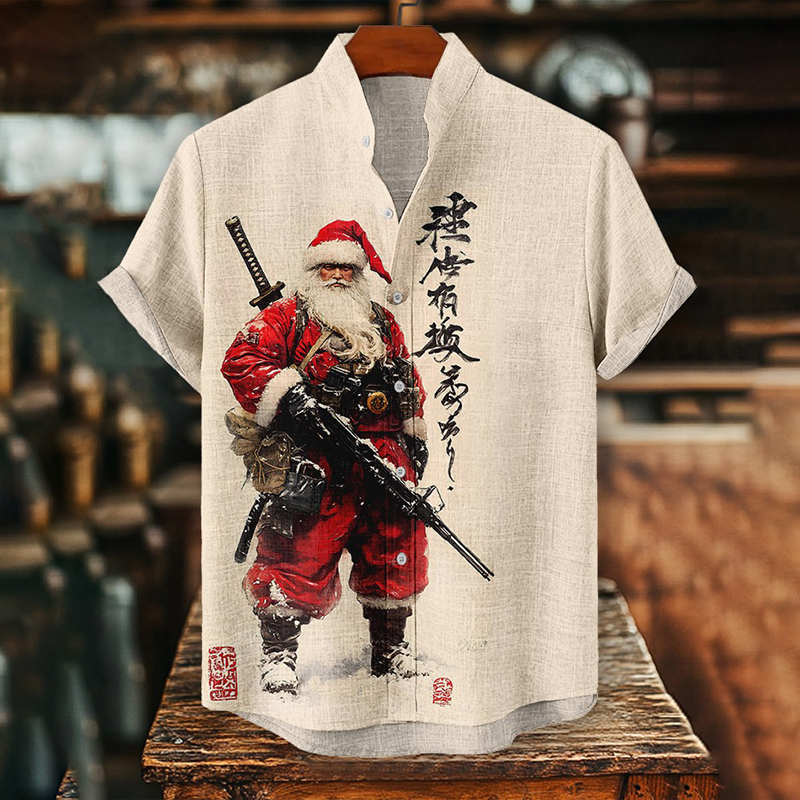 Men's Christmas Santa Japanese Warrior Print Shirt