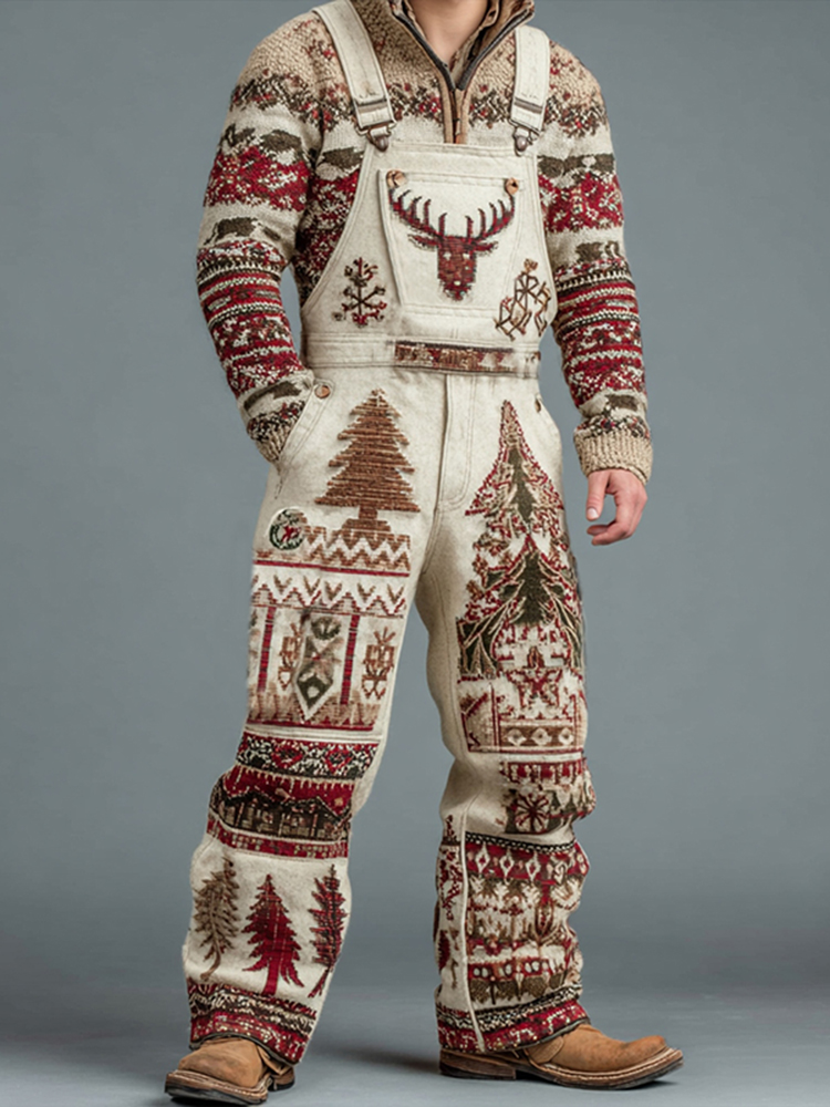 Men's Christmas Party Deer Head Christmas Tree Embroidered Jumpsuit