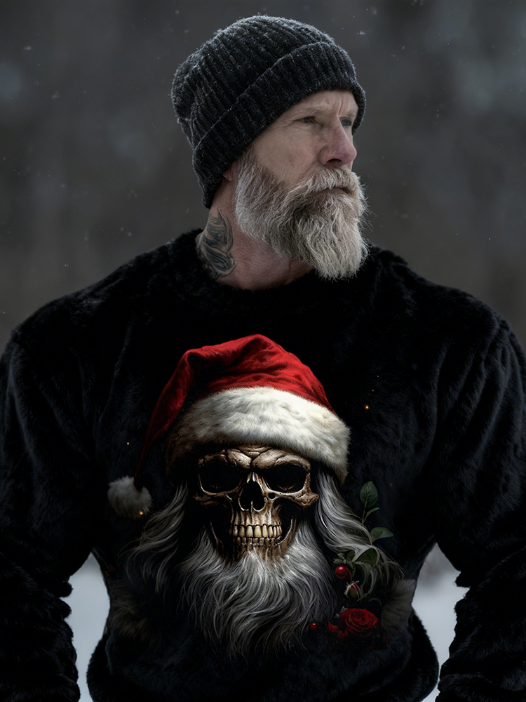 Men's Christmas Santa Skull Art Cozy Plush Sweatshirt