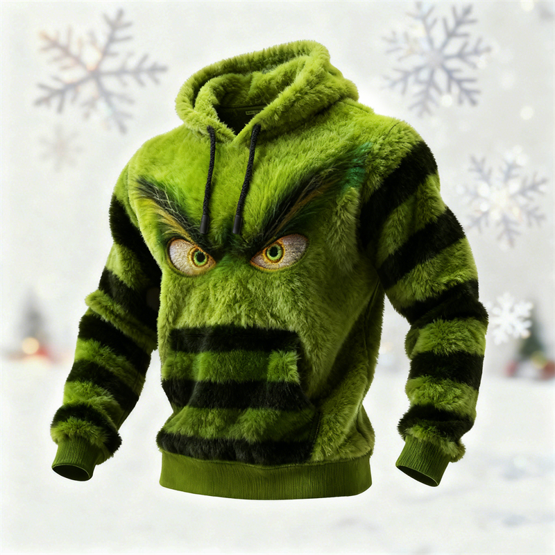 Men's Christmas Monster Santa Claus Striped Cozy Plush Hoodie