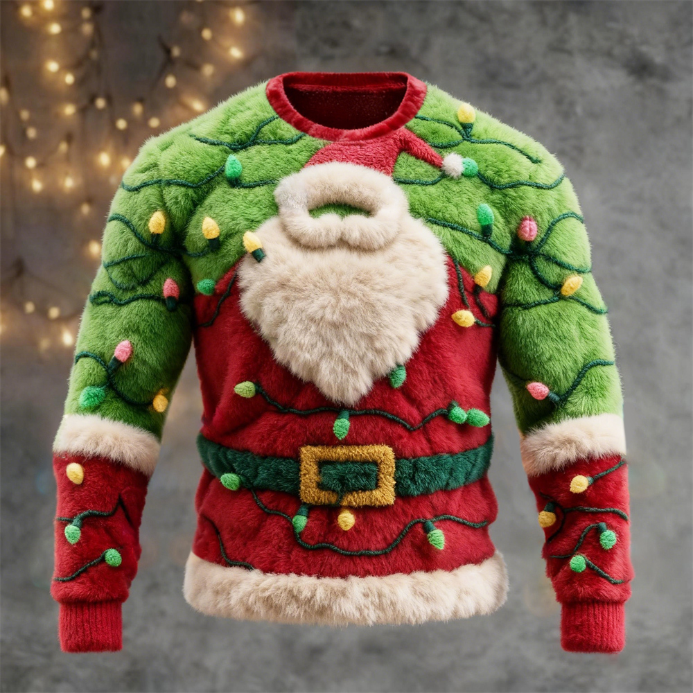 Christmas Lights & Santa Claus Design Men's Flannel Sweater