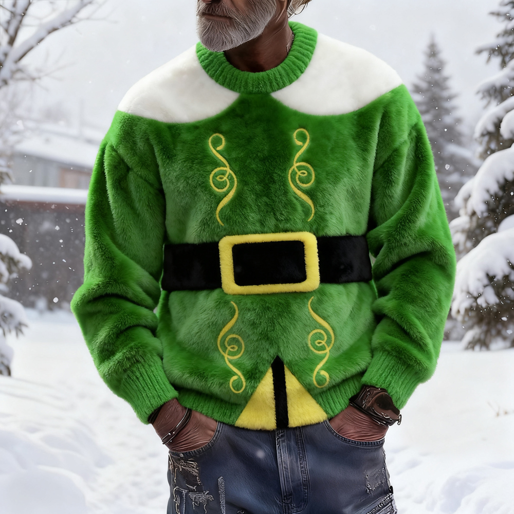 Men's Christmas Elf Costume Inspired Cozy Plush Hoodie