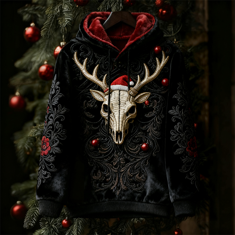 Gothic Dark Christmas Reindeer Skull Floral Cozy Plush Hoodie