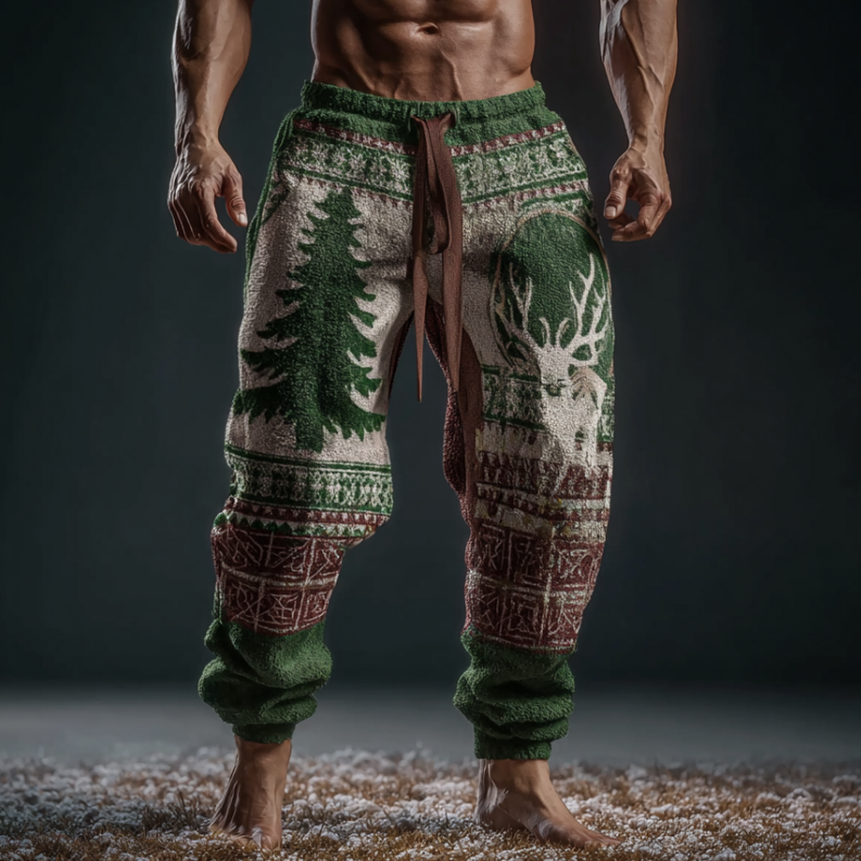 Men's Retro Christmas Reindeer Print Flannel Long Pants