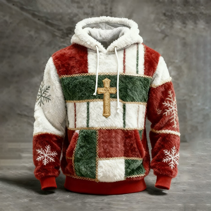 Men's Vintage Christmas Cross Patchwork Art Print Plush Warm Hoodie