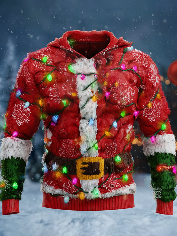 Men's Christmas Lights Santa Claus Plush Hooded Sweatshirt