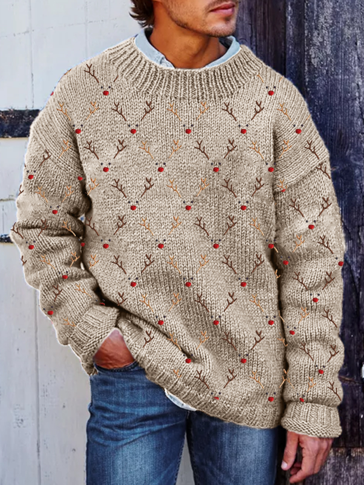 Men's Christmas Reindeer Faces Embroidery Pattern Cozy Sweater