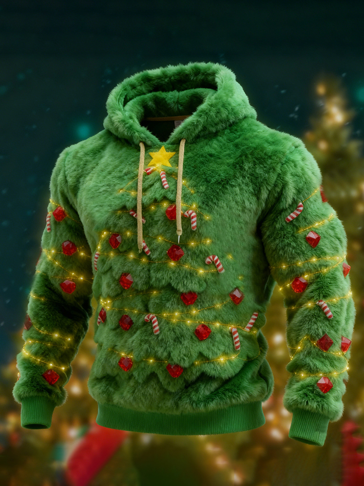 Men's Ugly Christmas Tree Lights Pattern Flannel Hoodie