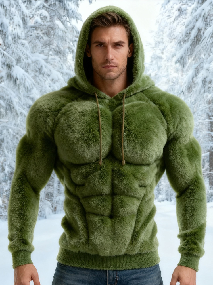 Men's Vintage Muscle Line Art Flannel Warm Cozy Hooded Sweatshirt