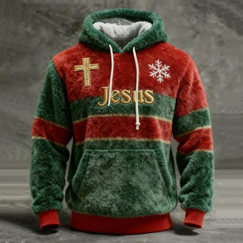 Men's Vintage Christmas Jesus Cross Print Plush Warm Hoodie