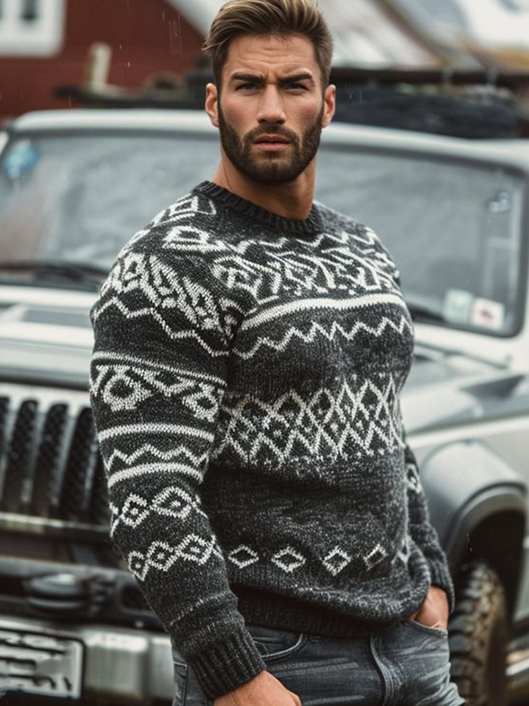 Men's Warmth Scandinavian Knit Jacquard Icelandic Art Cozy Knit Sweater