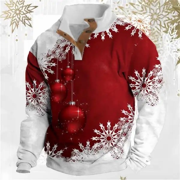 Men's Christmas Snow Print Zippered Wool Collar Sweatshirt