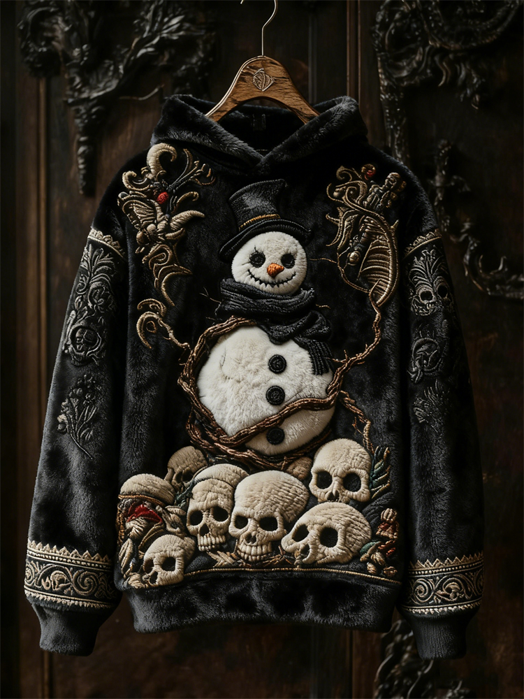 Gothic Dark Christmas Snowman Skulls Cozy Plush Hoodie