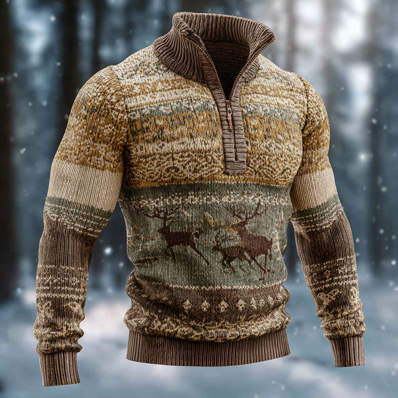 Men's Christmas Deer Art Cozy Knit Half Zipped Sweater