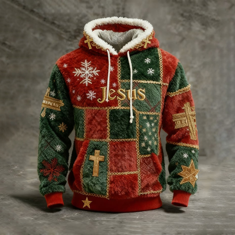 Men's Vintage Christmas Jesus Patchwork Art Print Plush Warm Hoodie