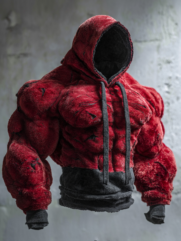 Muscle Line Art Flannel Vintage Warm Hooded Sweatshirt