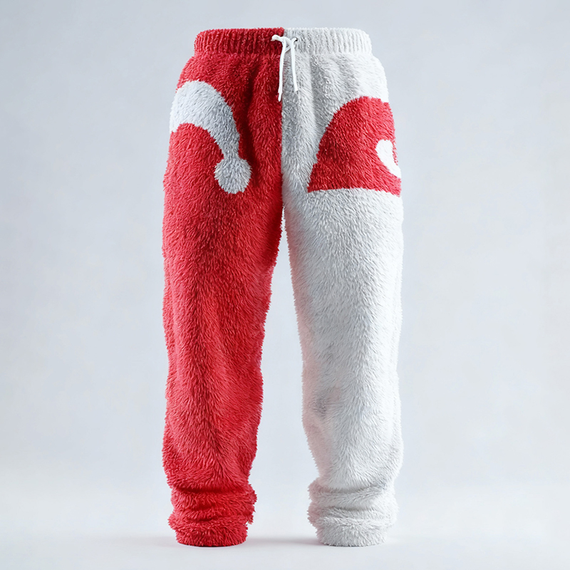 Men's Fun Christmas Hat Color-blocked Comfortable Plush Sweatpants