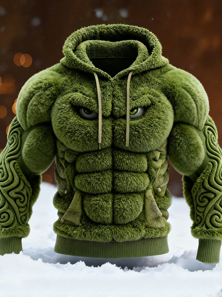 Men's Christmas Monster Green Muscle Cozy Plush Hoodie