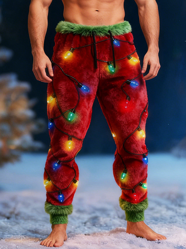 Men's Christmas Light Print Flannel Sweatpants