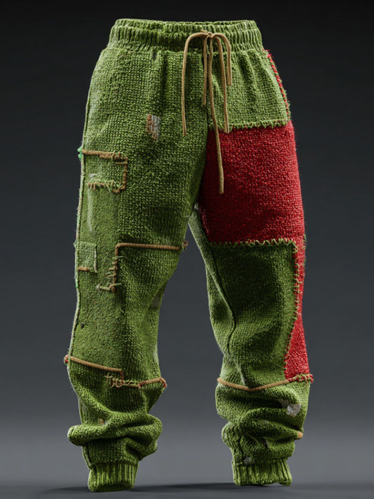 Men's Vintage Patchwork Line Art Knitted Cozy Pants