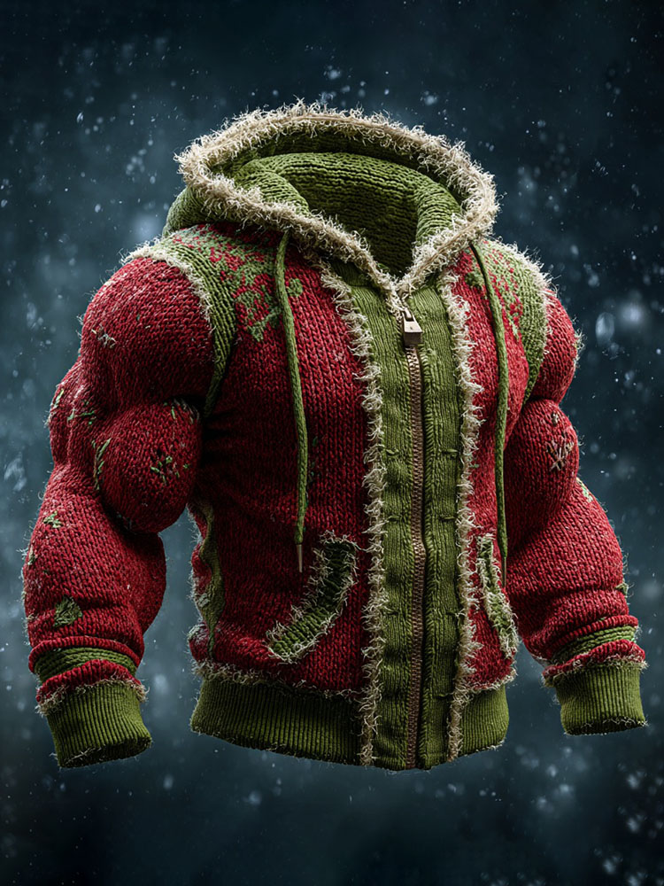 Muscular Men's Christmas Color Block Knitted Fur Collar Hooded Sweater