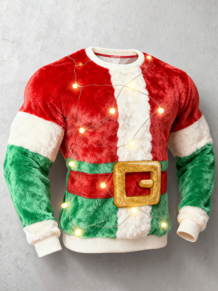 Men's Fun Christmas Lights Color Block Crew Neck Plush Sweatshirt