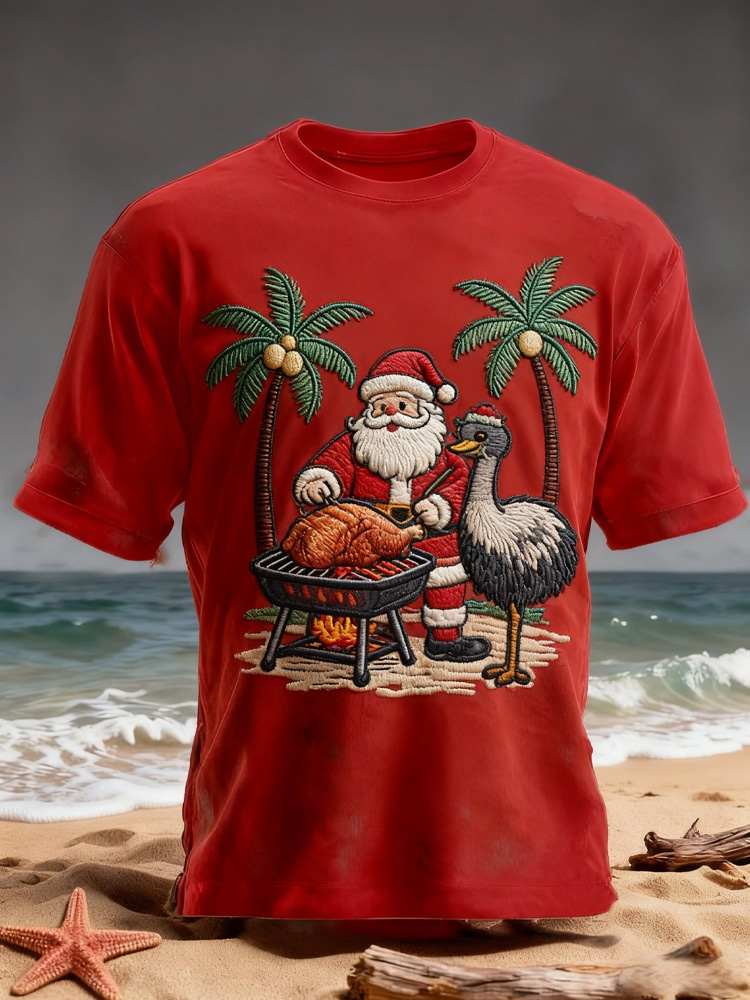 Retro Australian Christmas Beach Emu Print Casual Cotton Short Sleeve T-shirt