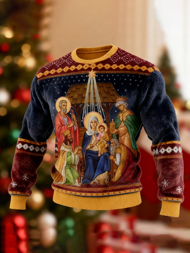 Men's Vintage Christmas Nativity Pattern Casual Flannel Sweatshirt