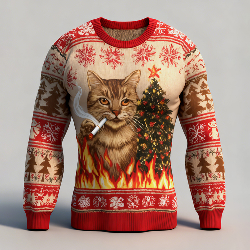 Men's Fun Christmas Tree And Christmas Cat Comfortable Crew Neck Sweater