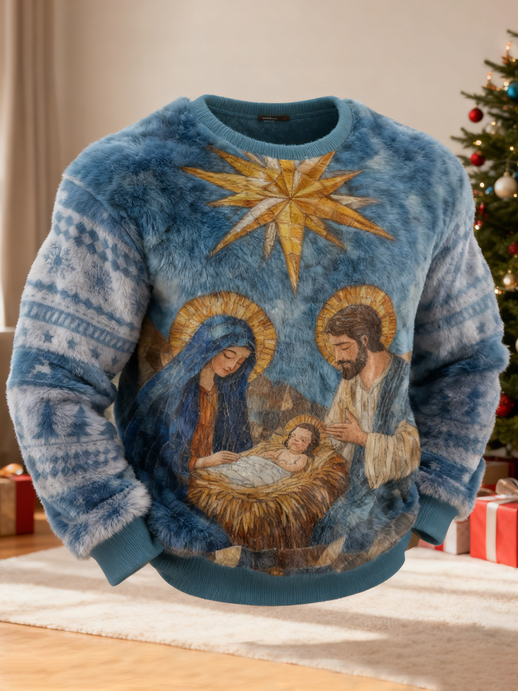 Men's Christmas Nativity Pattern Crew Neck Flannel Sweatshirt
