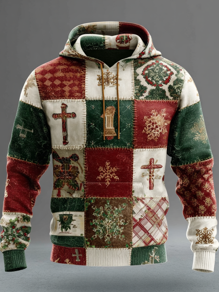 Christmas Retro Element Patch Design Men's Hooded Sweatshirt