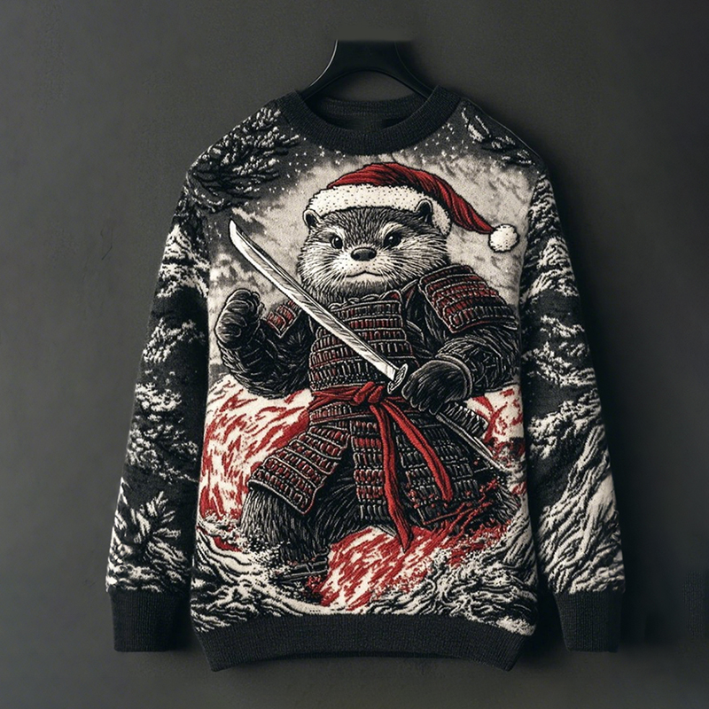 Men's Vintage Funny Christmas Otter Samurai Japanese Art Jacquard Knit Sweater