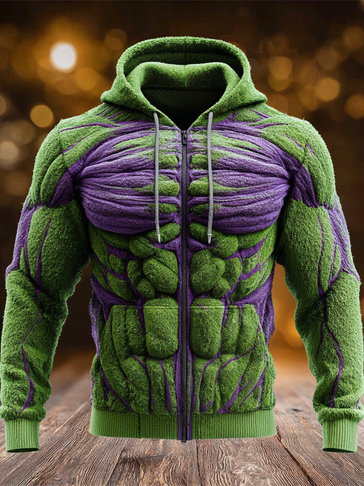 Christmas Muscle Vein Art Men's Zipper Hooded Flannel Sweater