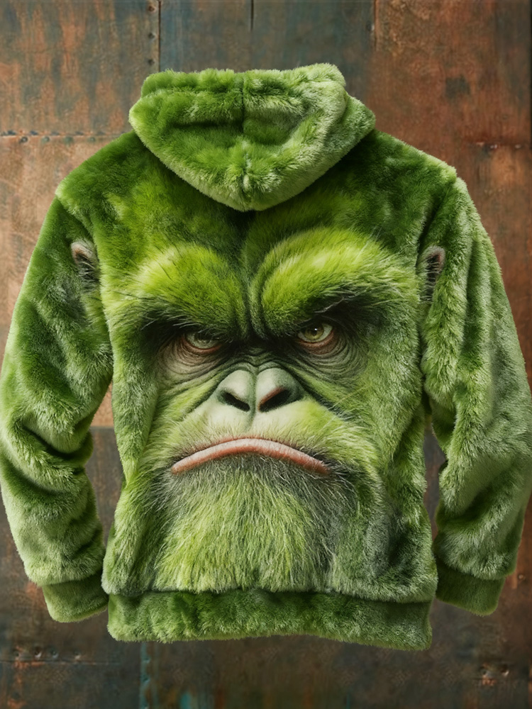 Green Orangutan Art Pattern Cozy Plush Hoodie