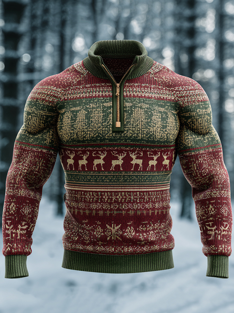 Men's Christmas Deer Art Cozy Knit Half Zipped Sweater