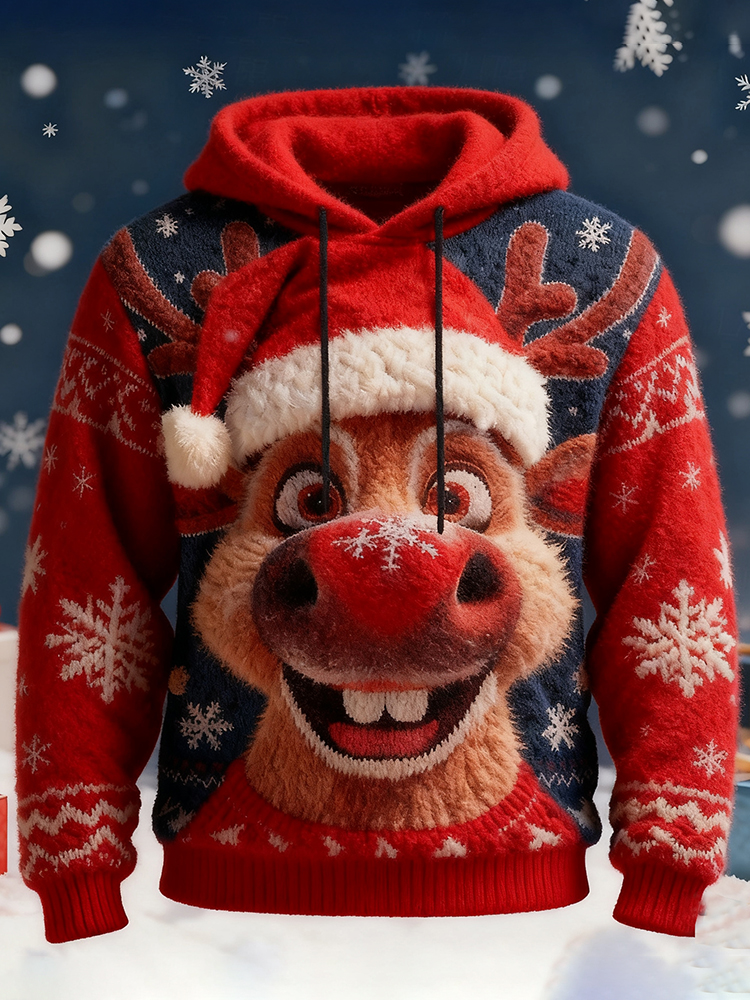 Men's Vintage Christmas Elk Art Cozy Plush Ugly Hooded Sweater