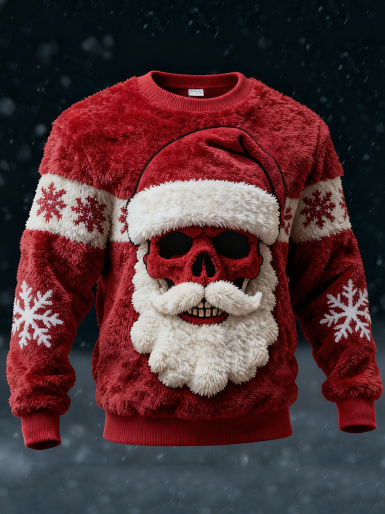 Men's Christmas Santa Claus Skull Snowflakes Cozy Plush Sweatshirt