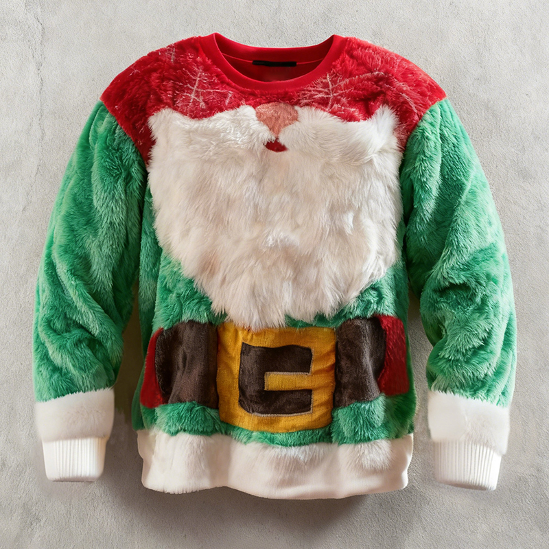 Men's Fun Santa Claus Color Block Crew Neck Plush Sweatshirt