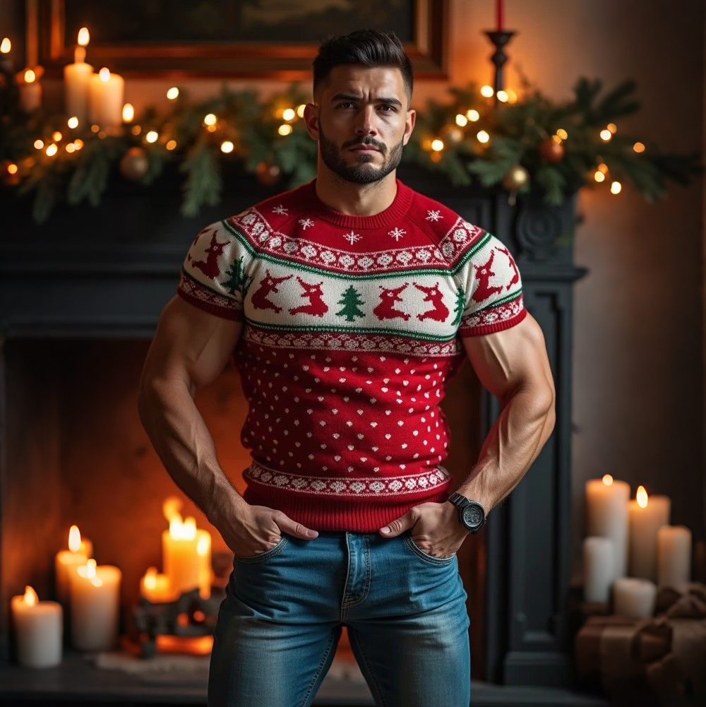 Men's Vintage Christmas Jacquard Icelandic Art Cozy Knit Short Sleeve Sweater