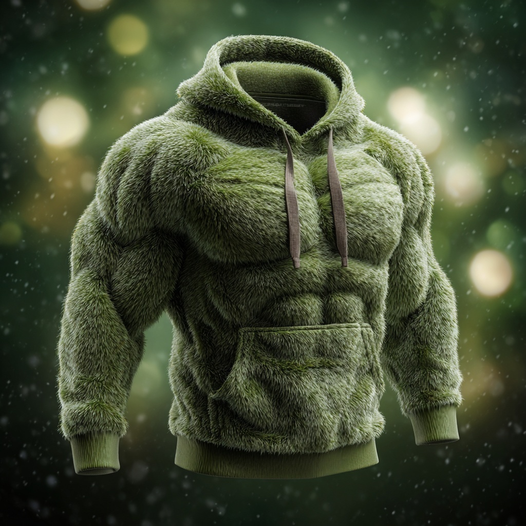 Men's Christmas Season Green Muscle Art Cozy Plush Hoodie