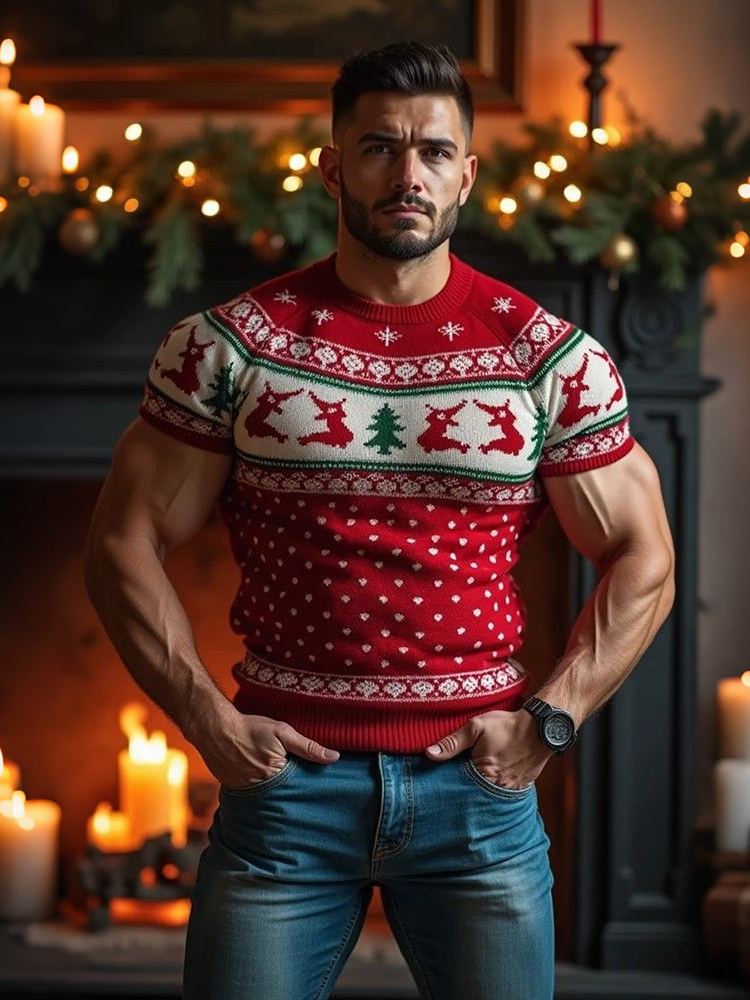 Men's Vintage Christmas Jacquard Icelandic Art Cozy Knit Short Sleeve Sweater