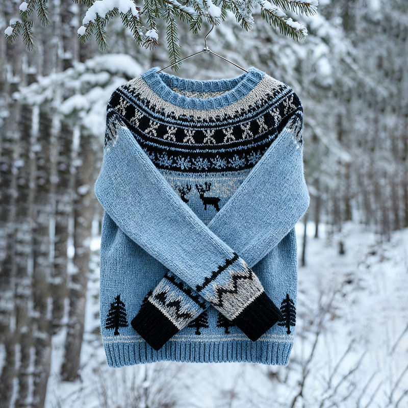 Vintage Christmas Tree Icelandic Knit Jacquard Warmth Crew Neck Sweater(unisex)