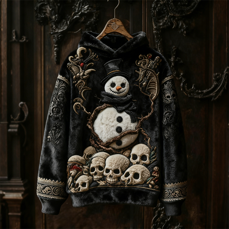Gothic Dark Christmas Snowman Skulls Cozy Plush Hoodie
