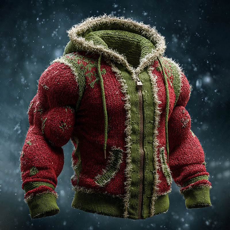 Muscular Men's Christmas Color Block Knitted Fur Collar Hooded Sweater
