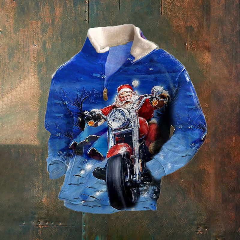 Men's Christmas Funny Motorcycle Santa Print Zipper Wool Collar Sweatshirt